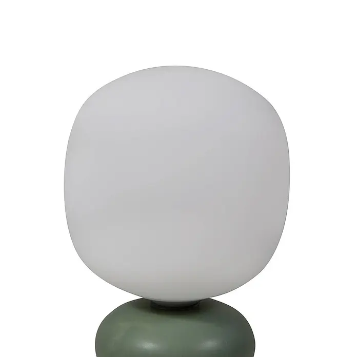 Lucande Tischleuchte Fidelo - L x B x H: 18 x 18 x 38 cm, grün, weiß / opal, E14 - Tischlampe mit weißem ovalen Diffusor und rundem grünem Sockel.