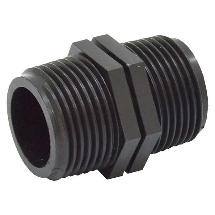 Machón roscado M-M - 1″, Plástico - Adaptador macho de PVC negro con rosca exterior, ideal para aplicaciones de fontanería y riego. Duradero y fácil de instalar.