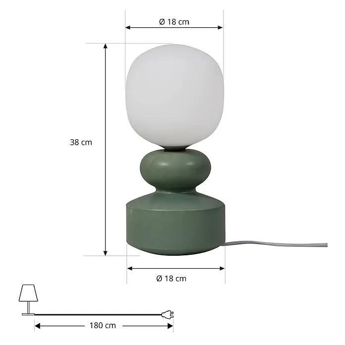 Lucande Tischleuchte Fidelo - L x B x H: 18 x 18 x 38 cm, grün, weiß / opal, E14 - Grüne Tischlampe mit weißem Glaskugel-Schirm und formschönem Fuß.