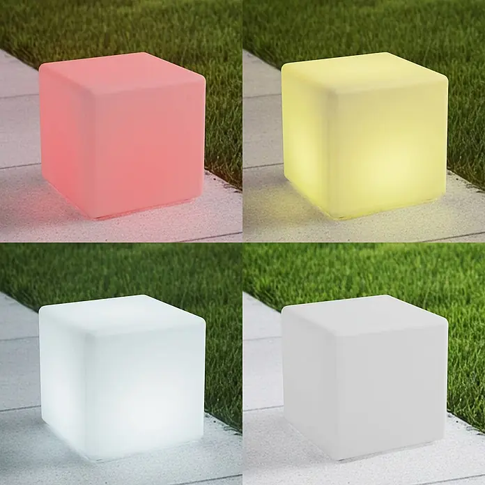 Lindby Tischleuchte Cubara - weiß / opal - Vier quadratische LED-Gartenleuchten, leuchtend rot, gelb und weiß.