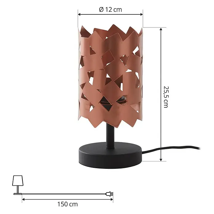 Lucande Tischleuchte Aeloria - L x B x H: 12 x 12 x 25 cm, kupfer, E27 - Kupferfarbene Tischleuchte mit geometrisch gemustertem Schirm und schwarzem Fuß. 25,5 cm hoch, 12 cm Durchmesser.