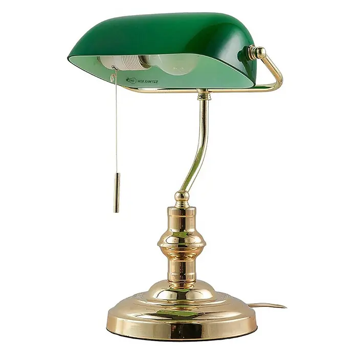 Lindby Tischleuchte Milenka - L x B x H: 22,5 x 25,8 x 39 cm, messing / gold, grün, E27 - Klassische grüne Banker-Schreibtischlampe mit glänzendem Schirm, Messingfuß und Zugschalter.