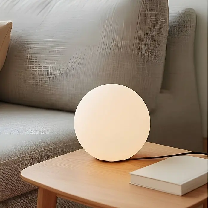 Lindby Tischleuchte Marike - L x B x H: 25 x 25 x 24,5 cm, weiß / opal, E27 - Eine leuchtende, kugelförmige weiße Tischlampe steht auf einem hellen Holztisch neben einem grauen Sofa.