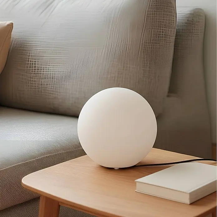 Lindby Tischleuchte Marike - L x B x H: 25 x 25 x 24,5 cm, weiß / opal, E27 - Weiße kugelförmige Lampe auf einem hellen Holztisch neben einem grauen Sofa, mit einem weißen Buch.