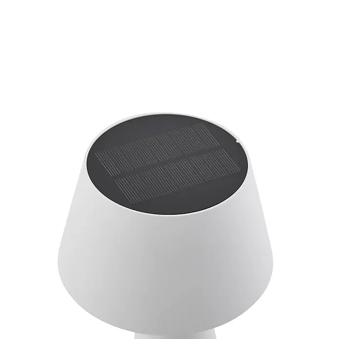 Lindby Tischleuchte Lirinor - weiß / opal, weiß / opal - Weiße, pilzförmige Solarlampe mit schwarzem Solarpanel auf der flachen Oberseite.