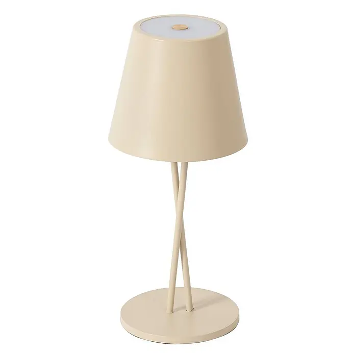 Lindby Tischleuchte Janea - creme / amber, creme / amber - Cremefarbene minimalistische Tischleuchte mit konischem Schirm, gekreuzten Beinen und rundem Sockel. Mit Lichtdiffusor und kleinem Holzknopf oben.