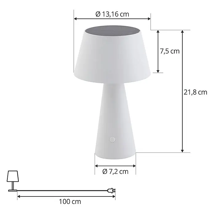 Lindby Tischleuchte Lirinor - weiß / opal, weiß / opal - Weiße Solartischleuchte mit bemaßten Abmessungen und einem 100 cm Ladekabel.