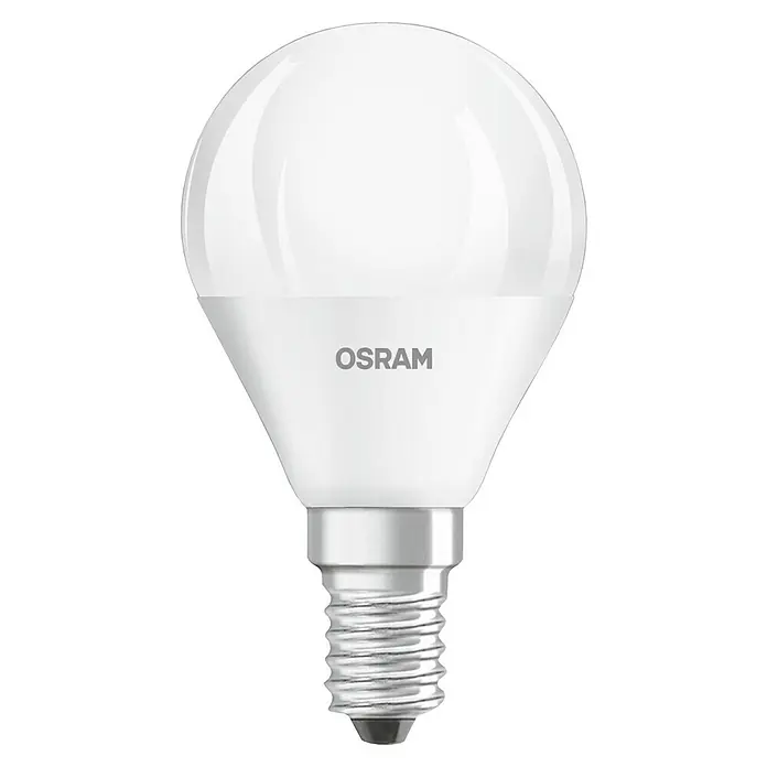 Osram Star LED-Lampe Tropfenform E14 matt - E14, Nicht Dimmbar, Warmweiß, 470 lm, 5,5 W - Nahaufnahme einer OSRAM LED-Lampe mit E14-Sockel, ideal für den Einsatz in verschiedenen Leuchten und Lampen. Energiesparend und langlebig.