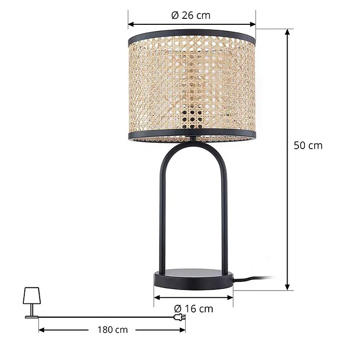Lindby Tischleuchte Yaelle - Holz hell, E27 - Moderne Tischleuchte mit schwarzem Metallsockel und natürlichem Rattan-Schirm.
