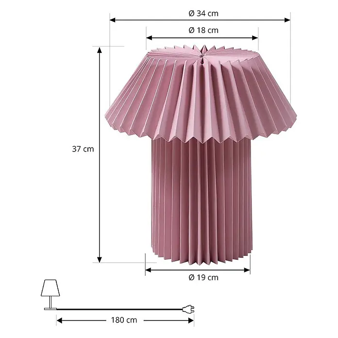 Lindby Tischleuchte Magali - L x B x H: 34 x 34 x 37 cm, violett / pink / rose, E14 - Rosa plissierte Tischlampe mit Maßen: 37 cm Höhe, 34 cm oberer Durchmesser, 19 cm Basisdurchmesser und 180 cm Kabel.
