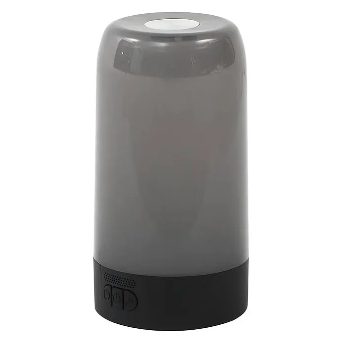 Prios Tischleuchte Valtari - L x B x H: 10 x 10 x 18,8 cm, schwarz, klar / transparent - Tragbare Lampe oder Lautsprecher mit transluzentem grauem Zylinderaufsatz und schwarzem Sockel mit Bedientasten.