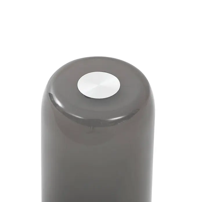 Prios Tischleuchte Valtari - L x B x H: 10 x 10 x 18,8 cm, schwarz, klar / transparent - Dunkelgraues zylindrisches Objekt mit zentraler runder Scheibe aus gebürstetem Silbermetall.