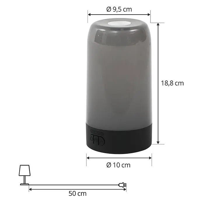Prios Tischleuchte Valtari - L x B x H: 10 x 10 x 18,8 cm, schwarz, klar / transparent - Graue und schwarze zylindrische Lampe mit Bedienelementen an der Basis und einem 50 cm Netzkabel.