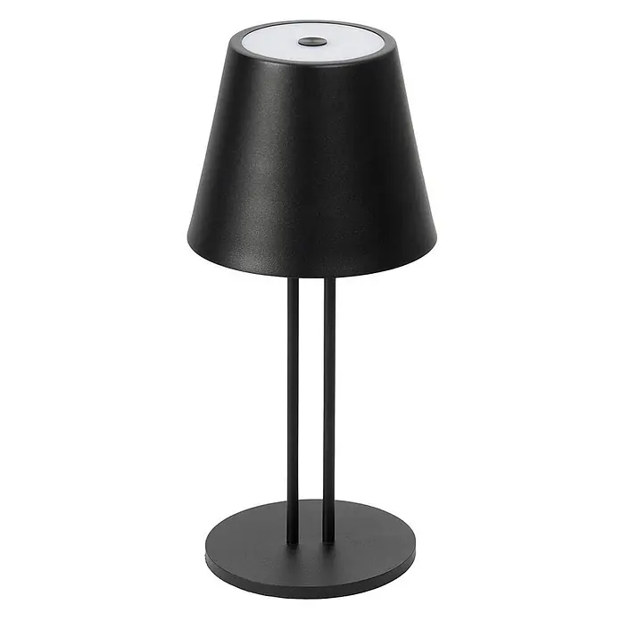 Lindby Tischleuchte Janea - L x B x H: 11,4 x 11,4 x 25 cm, schwarz, schwarz - Schwarze moderne Tischleuchte mit konischem Schirm, zwei Stäben, rundem Fuß, Lichtpaneel und Steuerknopf oben.