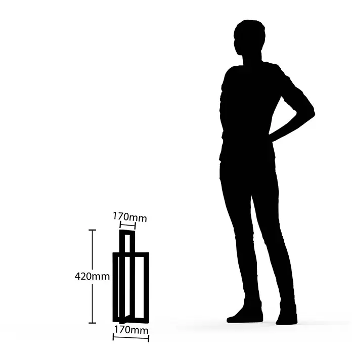 Lucande Tischleuchte Hylda - schwarz, schwarz - Schwarzes rechteckiges Metallgestell, 420x170x170mm, mit offener Struktur, neben einer Person zur Größenanzeige.