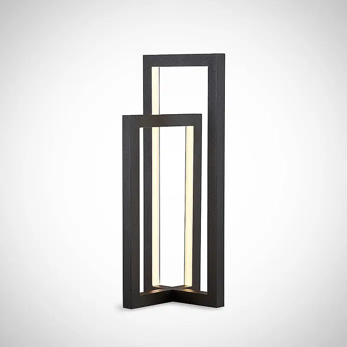 Lucande Tischleuchte Hylda - schwarz, schwarz - Geometrische dunkle Außen-LED-Leuchte mit sich überschneidenden rechteckigen Rahmen und warmweißem Licht.