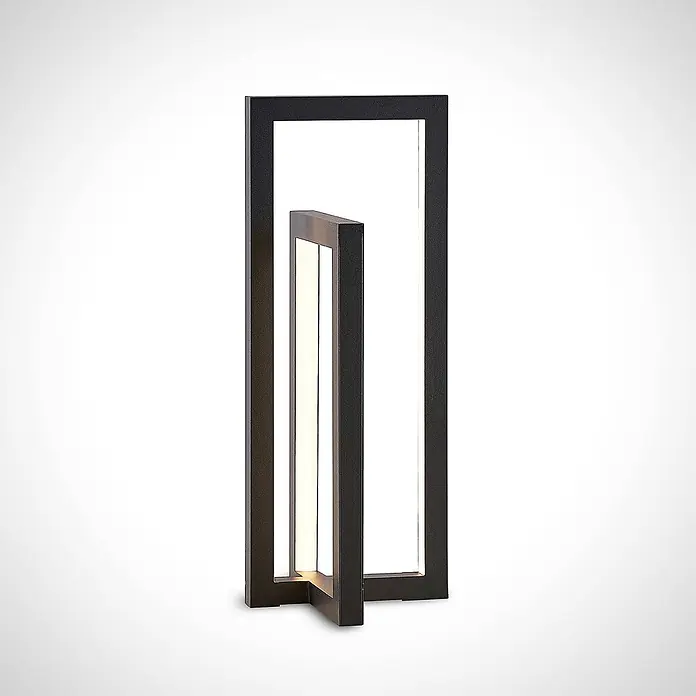 Lucande Tischleuchte Hylda - schwarz, schwarz - Moderne, rechteckige Gartenleuchte aus dunklem Metall mit beleuchteten Innenstreifen.
