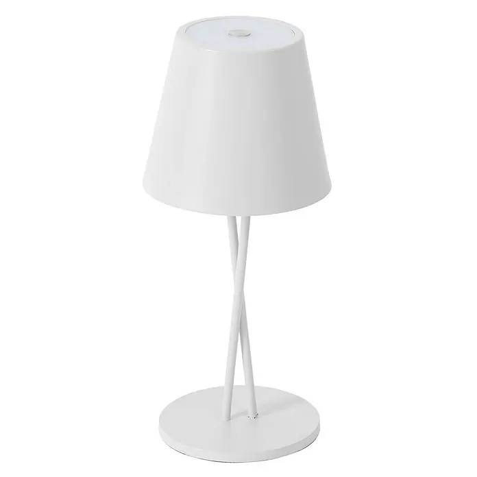 Lindby Tischleuchte Janea - weiß / opal, weiß / opal - Weiße Tischlampe mit konischem Schirm und gekreuzten Beinen auf rundem Sockel.