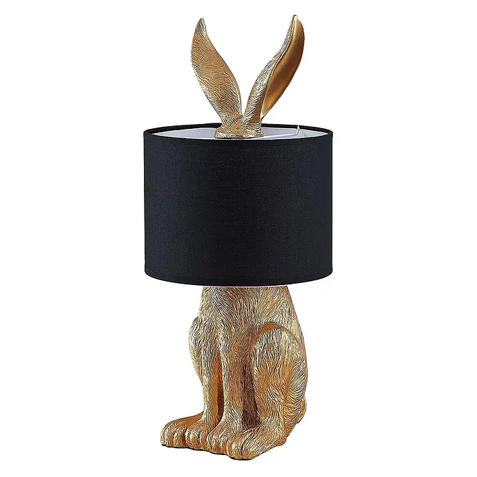 Lindby Tischleuchte Lorentina - L x B x H: 24 x 24 x 57 cm, messing / gold, schwarz, E27 - Goldene Hasen-Tischlampe mit schwarzem Stoffschirm.