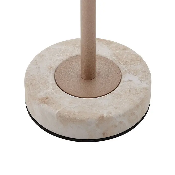 Lindby Tischleuchte Pippin - messing / gold, messing / gold - Runde, beige Marmorbasis mit bronzefarbenem Metalleinsatz und Stange für eine Stehlampe oder einen Ständer.