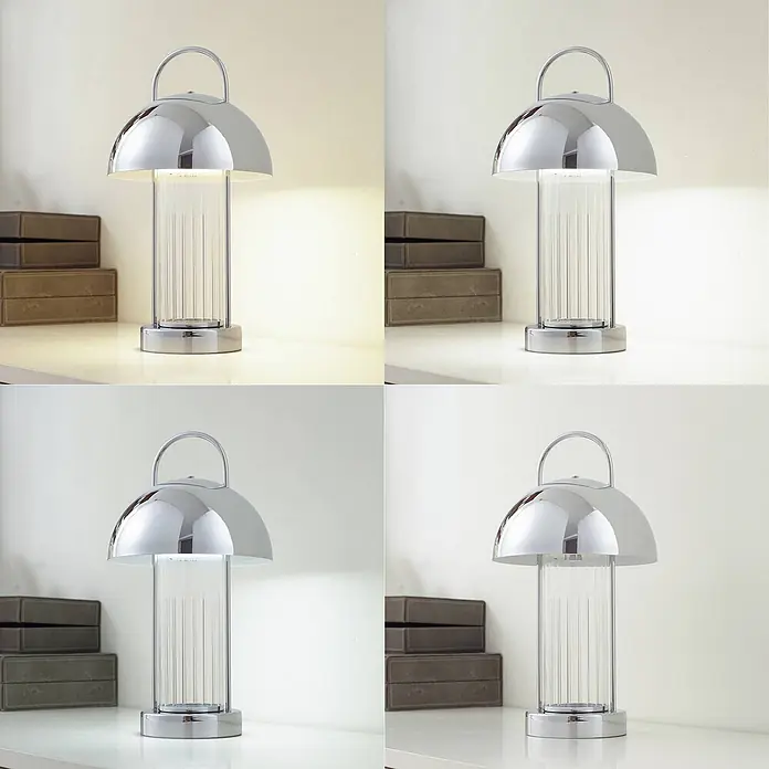 Lindby Tischleuchte Mareli - klar / transparent, chrom / silber - Verchromte Tischleuchte mit geriffeltem Glas, kuppelförmigem Oberteil und Griff, zeigt einstellbare Lichtfarbtemperaturen.