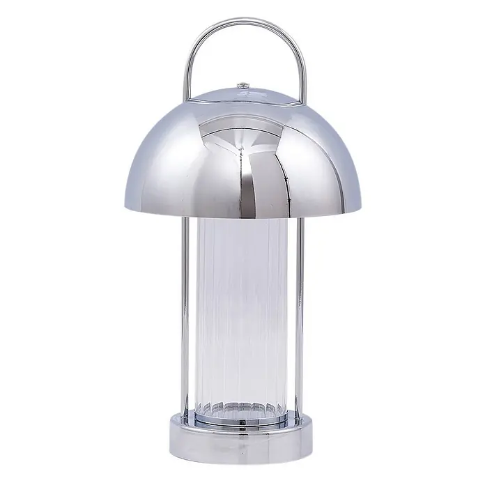 Lindby Tischleuchte Mareli - klar / transparent, chrom / silber - Tragbare Tischleuchte aus Chrom und Glas mit pilzförmigem Schirm und Henkel.