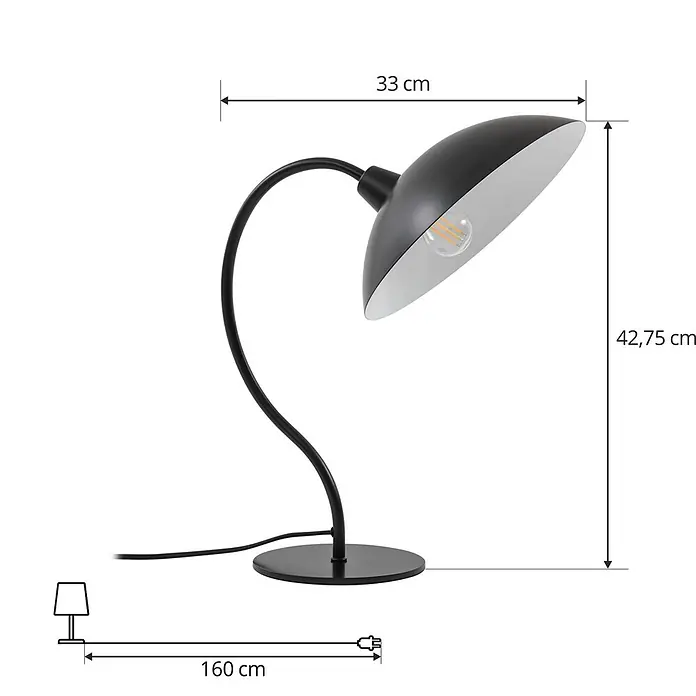 Lucande Tischleuchte Arvadon - L x B x H: 33 x 25 x 42,75 cm, schwarz, schwarz, E14 - Schwarze Metall-Tischlampe mit gebogenem Arm und konischem Schirm, zeigt eine LED-Birne.