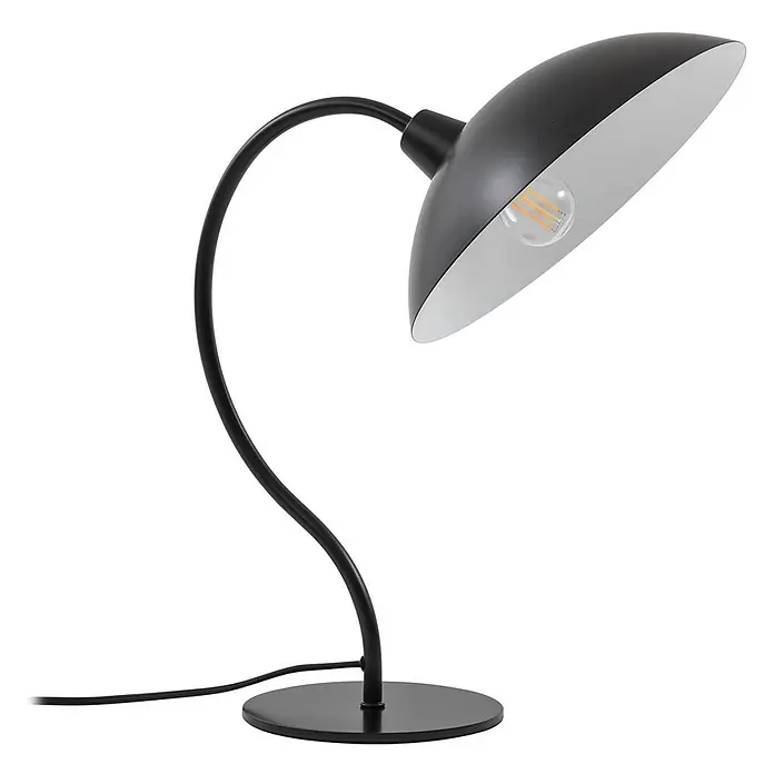 Lucande Tischleuchte Arvadon - L x B x H: 33 x 25 x 42,75 cm, schwarz, schwarz, E14 - Schwarze Metall-Schreibtischlampe mit gebogenem Arm, rundem Fuß und schwarzem Schirm mit silberner Innenseite, mit freiliegender LED-Glühbirne.