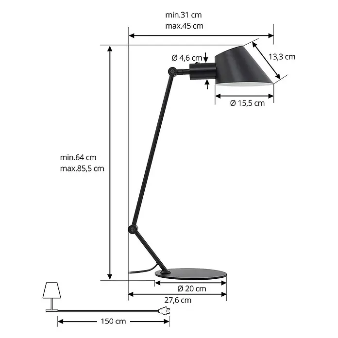 Lindby Tischleuchte Corali - schwarz, schwarz, E27 - Schwarze verstellbare Schreibtischlampe mit detaillierten Maßen.