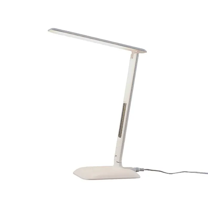 Lindby Tischleuchte Ludmilla - L x B x H: 26 x 15 x 34 cm, weiß / opal, weiß / opal - Eine moderne, weiße LED-Schreibtischlampe mit rechteckigem Leuchtbalken, schlankem verstellbarem Arm und flachem Sockel, verbunden mit einem grauen Kabel.