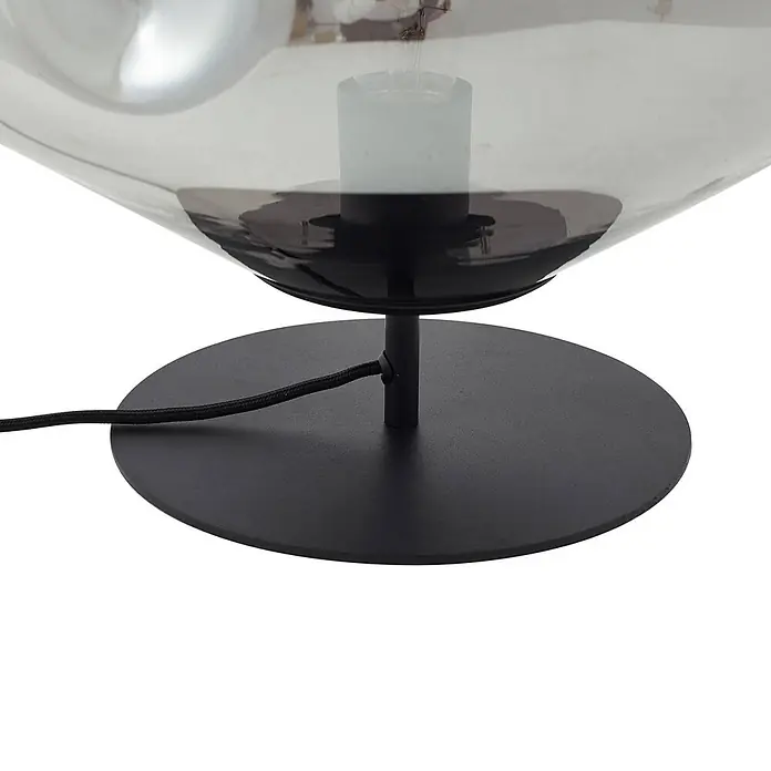 Lindby Tischleuchte Lelia - L x B x H: 35 x 35 x 27,5 cm, alu / grau / zink, E27 - Schwarzer Metall-Lampenfuß mit Rauchglas-Schirm, weißer Glühbirne und schwarzem Stoffkabel.
