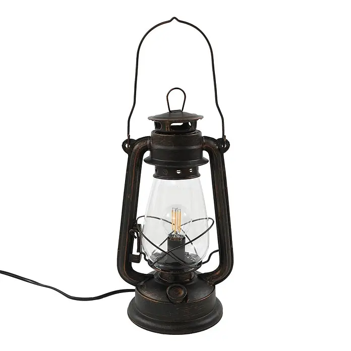 Lindby Tischleuchte Raisa - braun / rost, E14 - Antikbronze Vintage-Elektrolaterne mit sichtbarer LED-Glühbirne und Tragegriff.