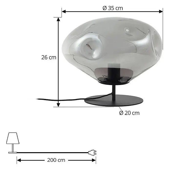 Lindby Tischleuchte Lelia - L x B x H: 35 x 35 x 27,5 cm, alu / grau / zink, E27 - Rauchgraue, organisch geformte Glastischlampe mit schwarzem Fuß, 26 cm hoch, 35 cm breit.