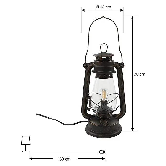 Lindby Tischleuchte Raisa - braun / rost, E14 - Vintage-inspirierte elektrische Laternen-Tischlampe in gealterter Bronze mit klarem Glasschirm und sichtbarer LED-Glühbirne.