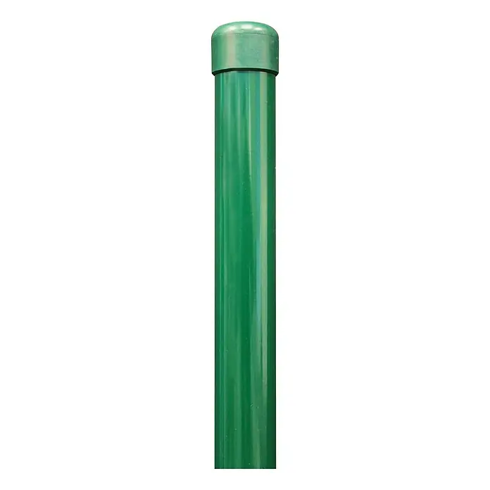 Alberts Zaunpfosten - Länge: 200 cm, Durchmesser: 34 mm, Grün, Metall, Ohne Spanndraht - Ein grüner, runder Zaunpfosten mit einer abgerundeten Kappe oben, der sich ideal für Gartenprojekte und zur Grundstücksbegrenzung eignet.