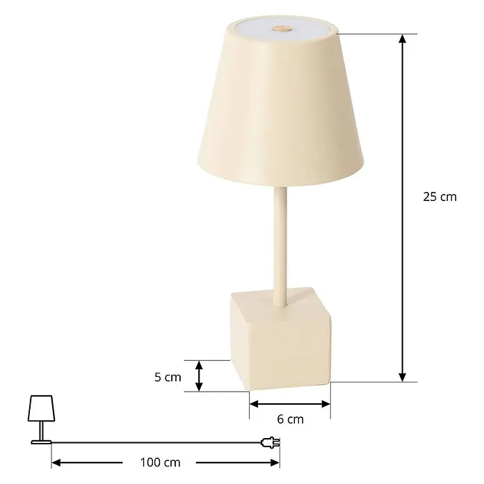 Lindby Tischleuchte Janea - creme / amber, creme / amber - Cremefarbene, tragbare Tischleuchte mit konischem Schirm und rechteckigem Sockel.