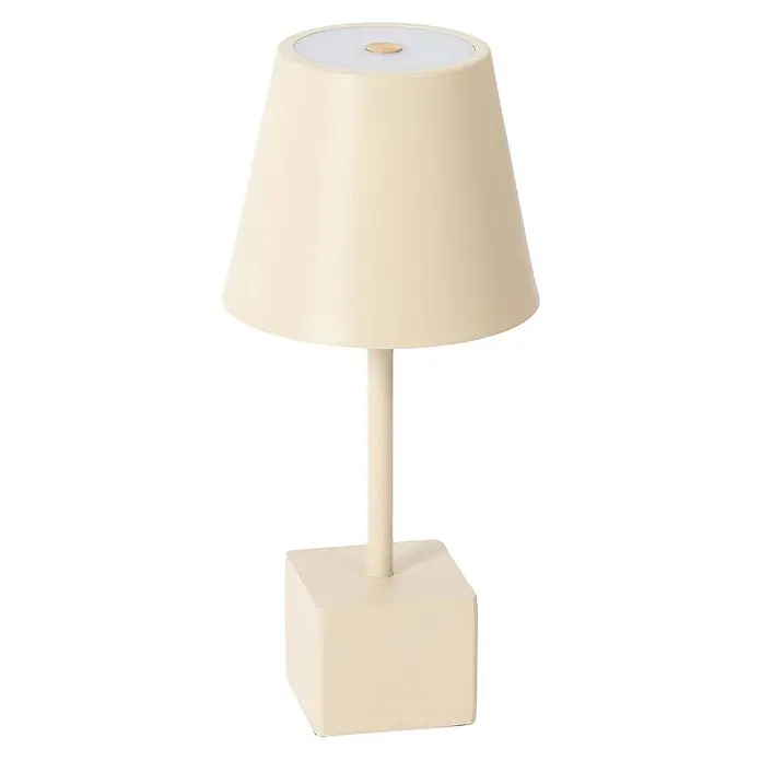 Lindby Tischleuchte Janea - creme / amber, creme / amber - Cremefarbene Tischleuchte mit konischem Schirm, zylindrischem Ständer und quadratischem Sockel. Mit weißem Diffusor und kleinem goldenen Knopf oben.