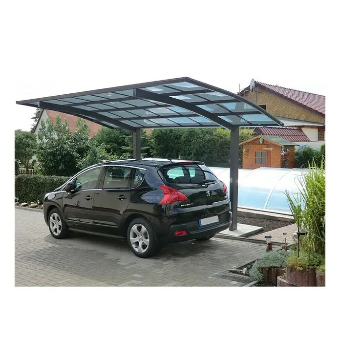 Ximax Carport Portoforte 110 - Außenmaß inkl. Dachüberstand (B x T): 2,7 x 4,95 m, Einzelcarport, Mattbraun, Schneelast: 137 kg/m² - Carport mit einem schwarzen Peugeot darunter. Das Carport hat eine transparente Überdachung und wird von dunklen Säulen getragen.