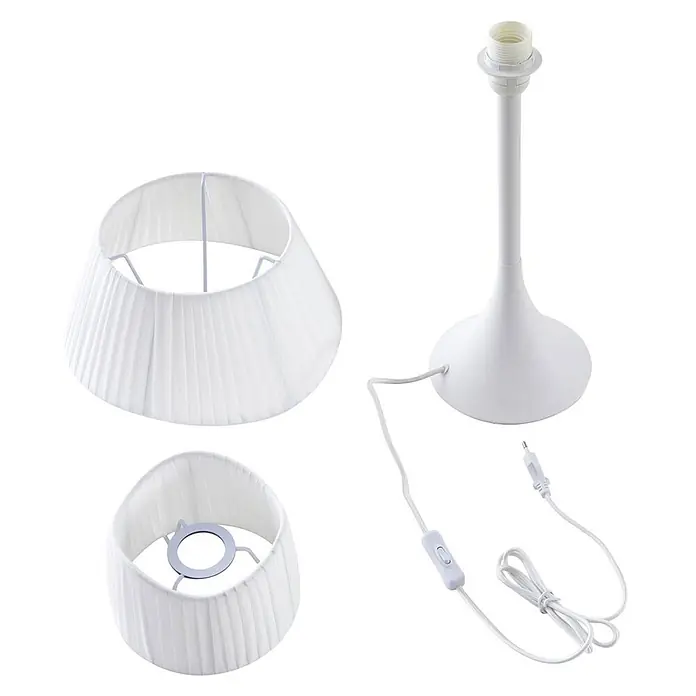Lindby Tischleuchte Eryndor - L x B x H: 30 x 30 x 51,6 cm, weiß / opal, weiß / opal, E27 - Demontierte weiße Tischlampe mit zwei plissierten Stofflampenschirmen, Fuß, Fassung und Netzkabel mit Schalter.
