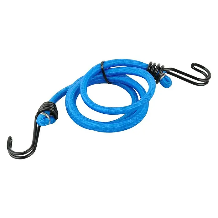 Gummispannseil - Länge: 120 cm, 1 Stk. - Ein blaues Gummiseil mit schwarzen Haken an beiden Enden, zusammengebunden in der Mitte.