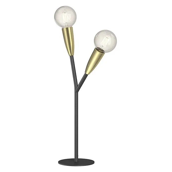 Lucande Tischleuchte Carlea - L x B x H: 23 x 23 x 59 cm, schwarz, E27 - Zweiarmige Stehleuchte mit matt-schwarzem Gestell und Messing-Lampenfassungen, klaren LED-Globusbirnen.