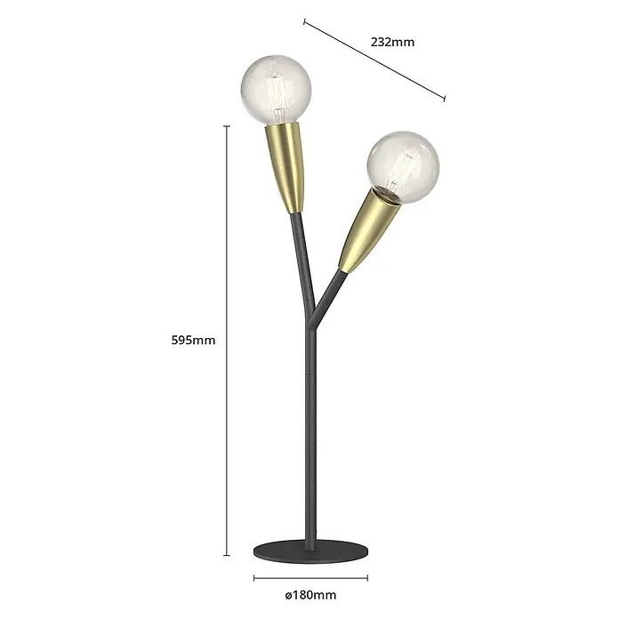 Lucande Tischleuchte Carlea - L x B x H: 23 x 23 x 59 cm, schwarz, E27 - Schwarze Tischlampe mit zwei messingfarbenen Fassungen und Klarglasbirnen.
