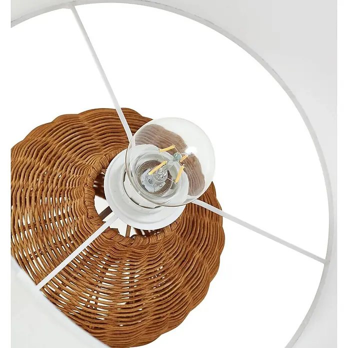 Lindby Tischleuchte Lirenda - L x B x H: 35 x 35 x 52 cm, Holz hell, weiß / opal, E27 - Innenansicht einer Lampe mit rundem braunem Weidenschirm, weißem Metallrahmen und klarer LED-Glühbirne.