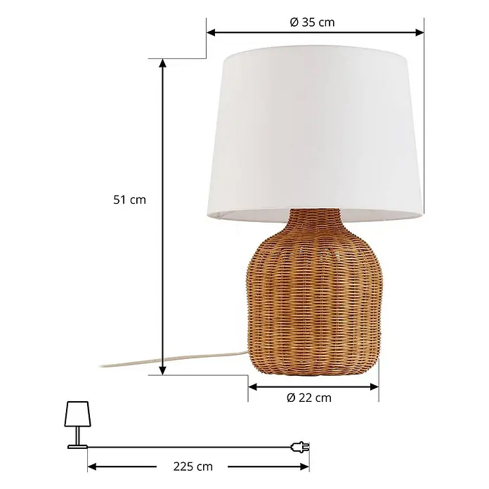 Lindby Tischleuchte Lirenda - L x B x H: 35 x 35 x 52 cm, Holz hell, weiß / opal, E27 - Natürliche Rattan-Tischlampe mit weißem Textilschirm. Gesamthöhe 51 cm.