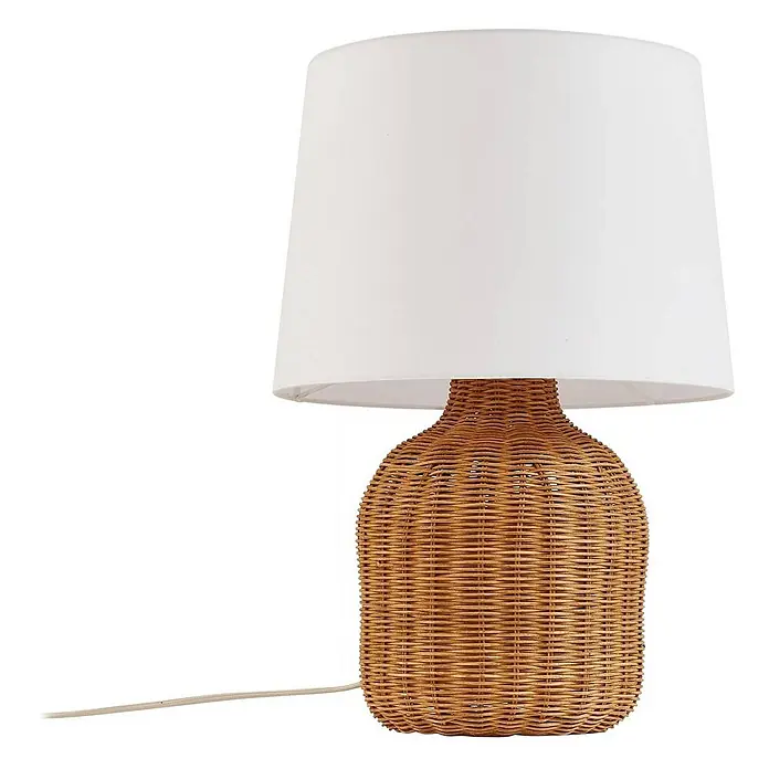 Lindby Tischleuchte Lirenda - L x B x H: 35 x 35 x 52 cm, Holz hell, weiß / opal, E27 - Tischlampe mit einem naturfarbenen Rattansockel und einem weißen konischen Stofflampenschirm.