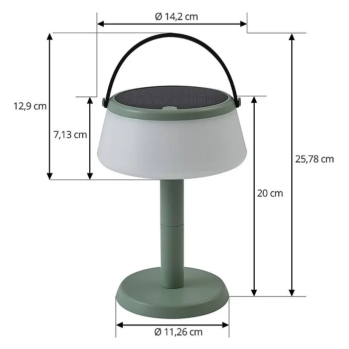 Lindby Tischleuchte Mikkel - L x B x H: 14,2 x 14,2 x 7,2 cm, grün - Grüne Solartischlampe mit weißem Diffusor, schwarzem Solarpanel und schwarzem Tragegriff, Abmessungen werden angezeigt.