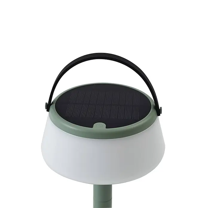 Lindby Tischleuchte Mikkel - L x B x H: 14,2 x 14,2 x 7,2 cm, grün - Solarlaterne für den Garten mit transluzentem weißen Sockel, grünem Rand, schwarzem Solarpanel und Griff, auf grünem Erdspieß.