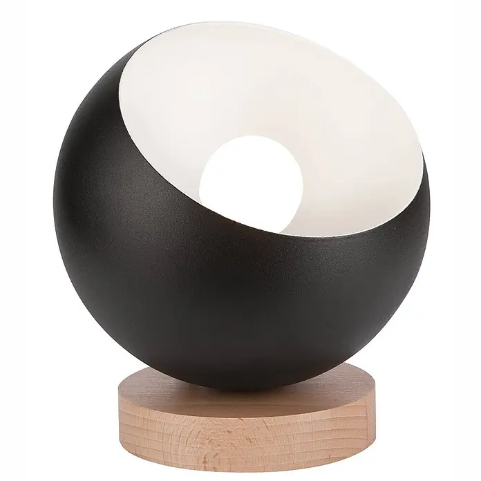 Envostar Tischleuchte Arvid - L x B x H: 17 x 17 x 19 cm, schwarz, E27 - Schwarze kugelförmige Metall-Tischleuchte mit weißem Innenraum und hellem Holzsockel.