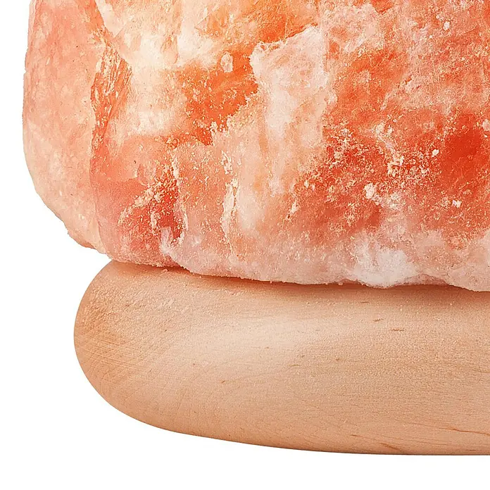 Envostar Tischleuchte Harmony - rot, E14 - Rosa Himalayasalzkristall auf einem hellen Holzsockel.