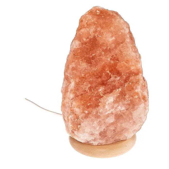 Envostar Tischleuchte Harmony - rot, E14 - Raue rosa Himalaya-Salzlampe auf Holzsockel mit weißem Kabel.